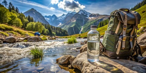 Fototapeta premium Refreshing mountain stream water flows from a clear plastic canteen, surrounded by rugged hiking gear and serene wilderness landscape, symbolizing outdoor adventure and hydration.