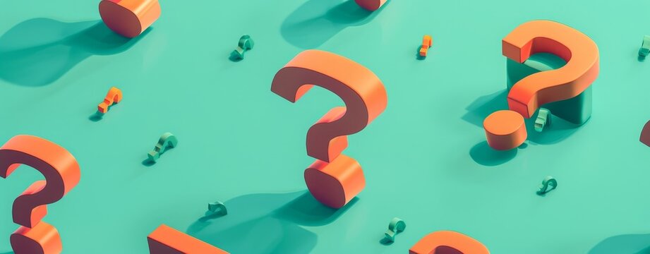 3D isometric orange question marks on a teal background in a minimalist style, creating a visually striking and thought-provoking image with clean design lines.