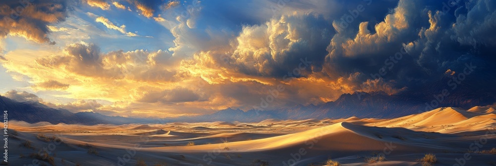 Canvas Prints A breathtaking view of a vast desert landscape with rolling sand dunes and a dramatic sky. The golden light of the setting sun illuminates the clouds, creating a mesmerizing scene. The desert landscap