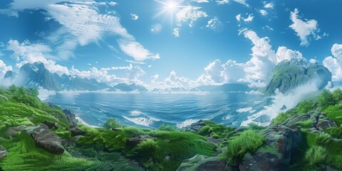 A 360-degree VR panorama capturing breathtaking scenery with detailed skies and expansive horizons, rendered in stunning 16K resolution.