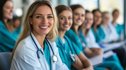 Smiling Cheerful Nurse Relaxing in Seminar - Positive Medical Training Environment