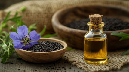 Black Seed Oil  Nigella Sativa  Natural  Organic  Herbal  Remedy  Health  Wellness  Close Up  Bottle  Seeds