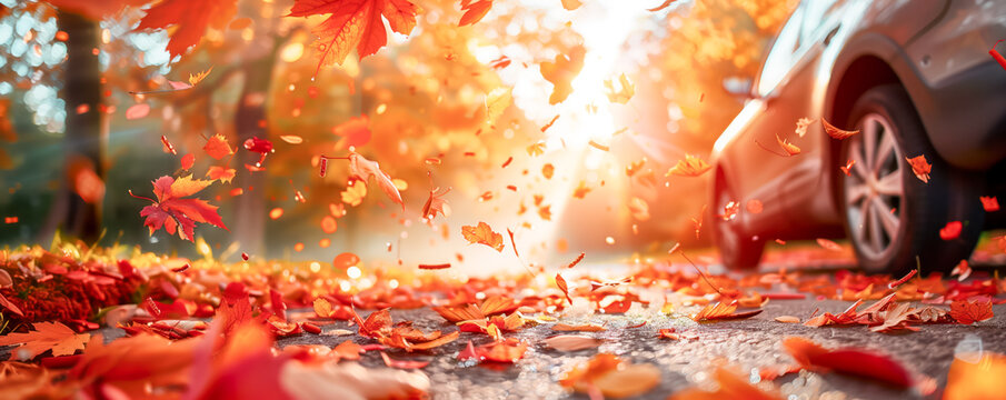 car tires on asphalt with many colourful autumn maple leaves falling from the trees in beautiful park