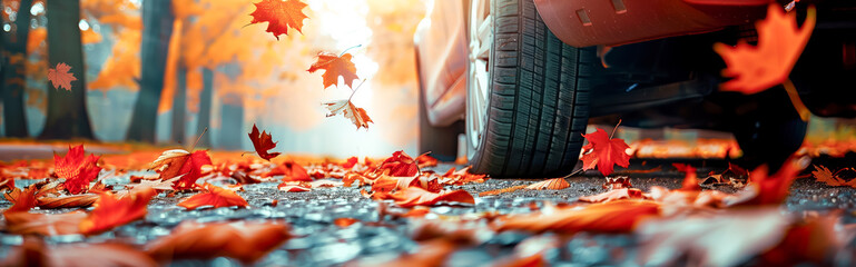 car tires on asphalt with many colourful autumn maple leaves falling from the trees in beautiful park