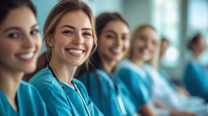 Fototapeta premium Smiling Cheerful Nurse Relaxing in Seminar - Positive Medical Training Environment