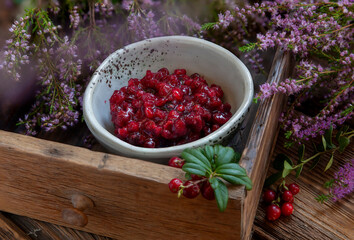 Homemade jam from wild lingonberries, cowberries