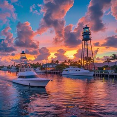 Obraz premium A photo portraying Pompano Beach as a family-friendly upscale destination, focusing on luxury boating, fishing, and the historic Hillsboro Lighthouse.
