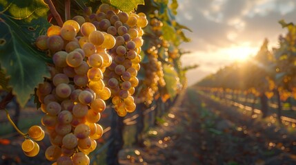 Unrealistically large, human-sized bunches of grapes hang in abundance from the vineyard, extending to the horizon, captured in photorealism on a Sony A7 RV.