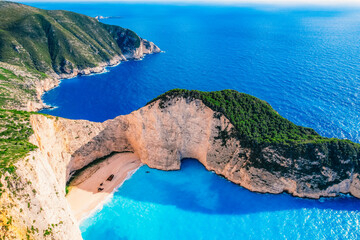 Zakynthos, Greece. Navagio Beach with sjipwreck in Ionian Sea. Beautiful views of azure sea water...