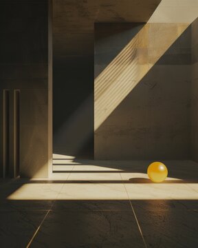 Transformations of shadows in a void room with natural geometric light, featuring a small yellow sphere, rendered with Unreal Engine in a visually striking composition.