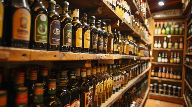 A floor-to-ceiling shelf filled with Italian-branded olive oil bottles, showcasing the luxurious and authentic essence of Italian culinary tradition.