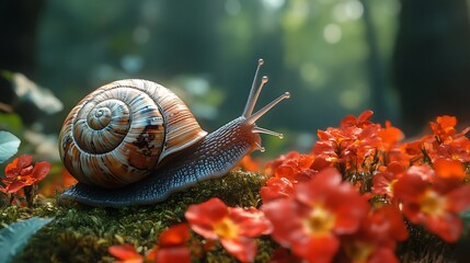 A snail crawls on moss and red flowers in a forest, with the sun shining through the trees.