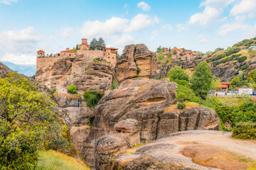 The monastery Meteora, rocky monasteries complex in Greece near Kalabaka city. Holy Monastery of the Great Meteoron and Varlaam