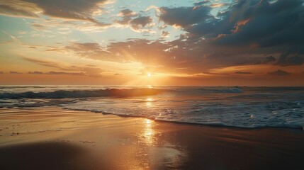 Obraz premium A beautiful sunrise over a beach, captured in a serene and tranquil setting, highlighting the vibrant colors of the morning sky and calm waves.