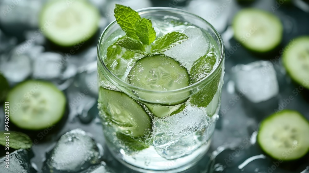 Wall mural A close-up of a refreshing glass of cucumber and mint infused water with ice. The drink is garnished with fresh mint leaves. The image symbolizes health, hydration, freshness, and summer.