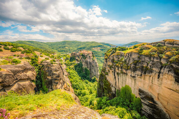Obraz premium The monastery Meteora, rocky monasteries complex in Greece near Kalabaka city. Holy Monastery of the Great Meteoron and Varlaam