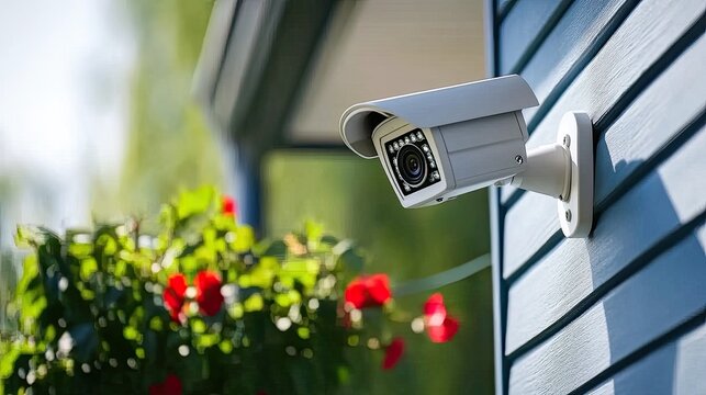A smart home security camera is mounted on a blue wooden wall in Florida, capturing bright red flowers and green plants under clear skies, blending comfort and protection