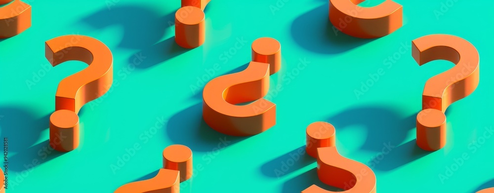 Poster 3d isometric orange question marks on a teal background in a minimalist style, creating a visually s