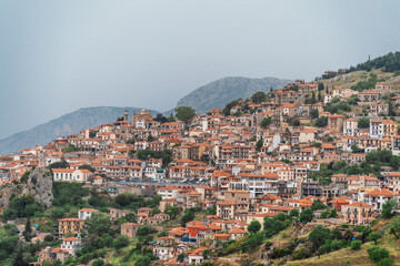 View of the town Arachova, Greece, near Parnassus mountain and Temple of Delphi.