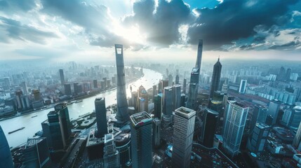 Naklejka premium Aerial View of Shanghai Skyline with River and Cloudy Sky