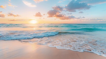 Obraz premium Beach scene with a vibrant sunset background, featuring smooth light and natural ambient, captured with Canon 4D Mark IV for an advertising style.