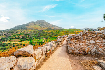 The archaeological site of Mycenae with ancient tombs, giant walls and lions gate, Peloponnese, Greece