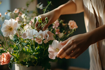a person's hands arranging fresh flowers in a vase, bringing beauty and natural fragrance into their home