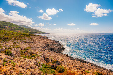 Skinari Lighthouse at the northern cape of Zakynthos island in Greece.
