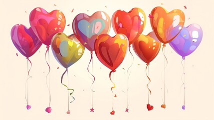 A collection of cartoon heart-shaped balloons in vibrant colors, floating with little star sparkles on a white background.