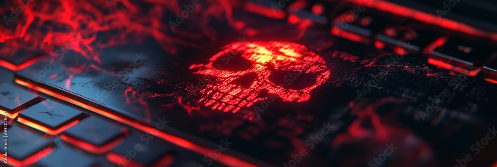 Poster A close-up shot of a laptop keyboard with a glowing red skull symbol displayed on the screen. The skull symbolizes danger, vulnerability, and the potential for data breaches.  This image represents th