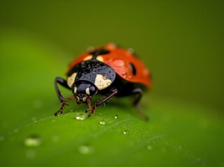 Naklejka premium Macro Shot of a Ladybird Beetle with Water Droplets