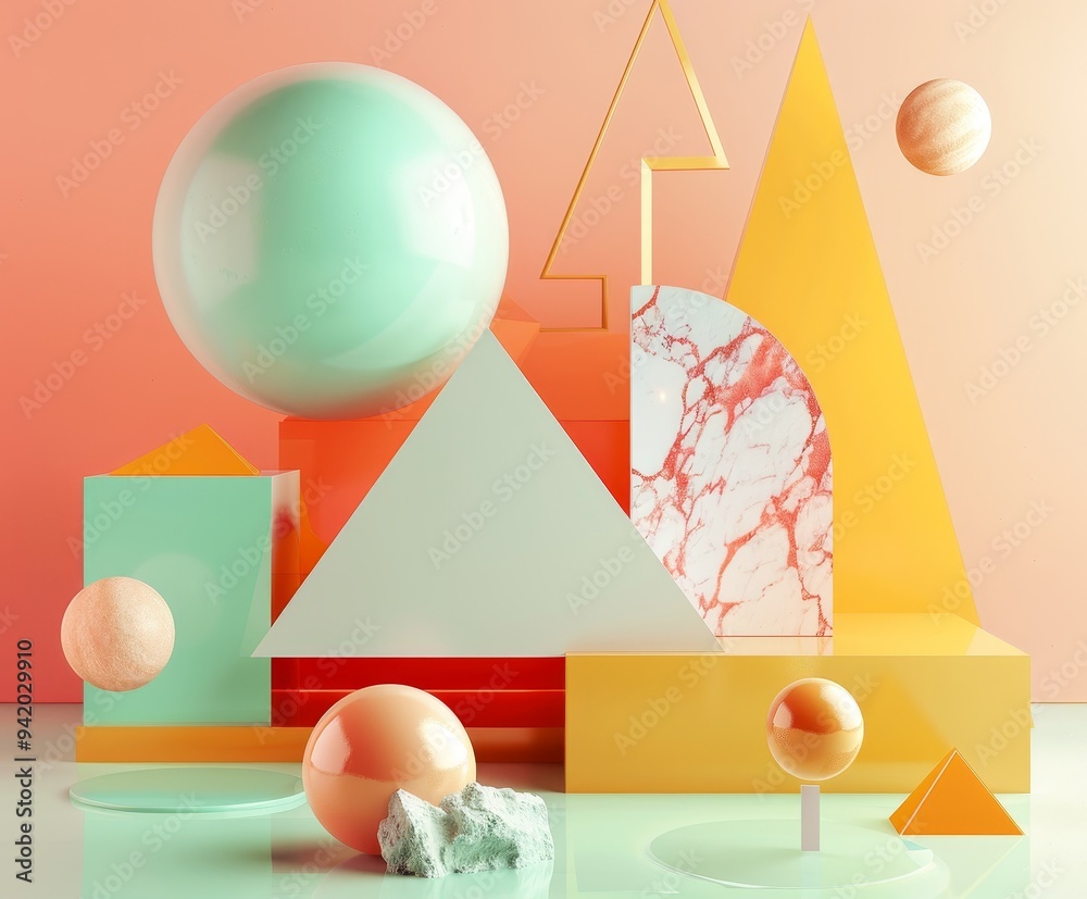 Poster abstract 3d creation made from geometric shapes, designed in a clean and modern style, emphasizing s