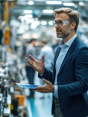 A business leader presenting at a factory workshop, emphasizing leadership and strategic vision (selective focus, strategic vision theme, vibrant, overlay, workshop backdrop)
