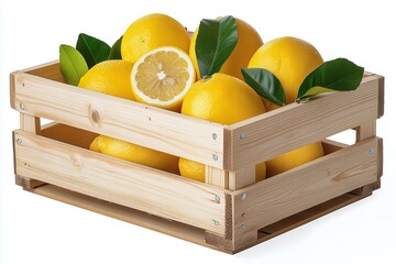 wooden crate filled with lemon on a white background