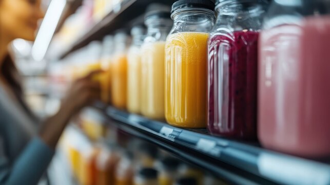 A person reaches out to pick a jar of orange juice from a shelf lined with varied juices. The image showcases the array of beverages one can choose from and promotes selection.