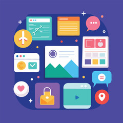 Flat design, minimalistic icons, and modern color schemes.