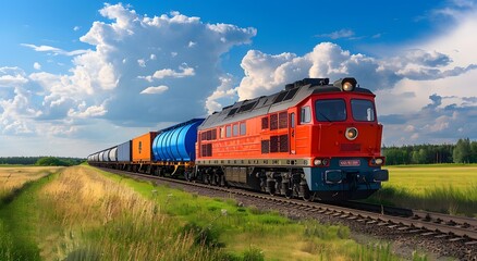 Obraz premium Red Diesel Locomotive on Train Tracks Through Grassy Field