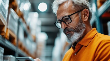 A warehouse worker in an orange uniform checking inventory using a digital device, highlighting the integration of technology in modern stock management.