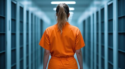 A person in an orange prison uniform standing in the middle of a dimly lit corridor of a jail or prison, with their back facing the camera.