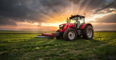Red Tractor in Meadow at Sunset with Sun Rays