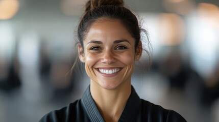Close-up portrait of a woman wearing a black martial arts suit, exuding warmth and confidence with a genuine smile, set in a blurred dojo environment.