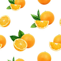 A Vibrant and Colorful Orange Fruit Watercolor Seamless Pattern Complemented by Fresh Green Leaves in Nature