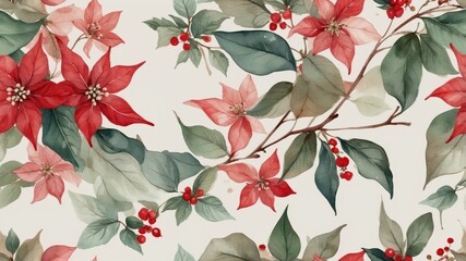 Festive Christmas floral seamless pattern of poinsettias and butcher's broom branches, watercolor illustration reds and greens for a holiday theme background