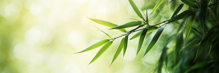 A delicate bamboo branch with soft, blurred leaves against a backdrop of natural light. The image evokes tranquility, growth, and the beauty of nature.