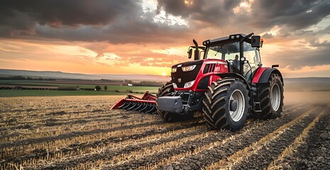 Fototapeta premium Red Tractor Working Field Furrows Sunset