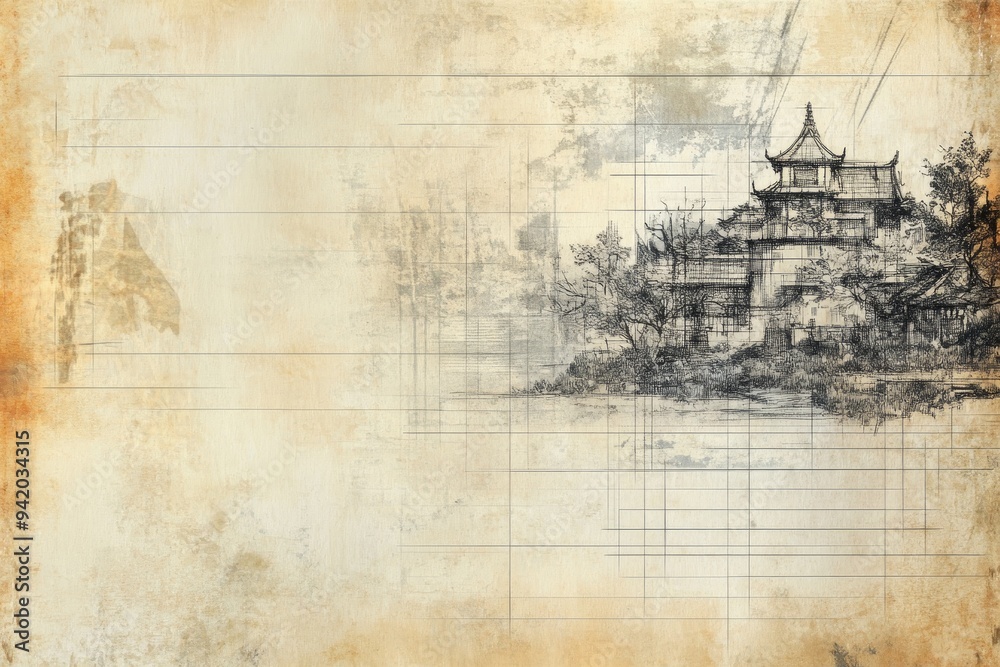 Wall mural a delicate sketch of a traditional chinese pagoda amidst lush foliage, on a weathered, gridded parch