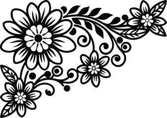 flowers corner decoration illustratilon black and white