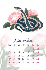 November serpent calendar with exotic pink protea Vector illustration template for 2025 Year of Snake Layout with rare flowers composition and symbol of Chinese new year. Typography for print