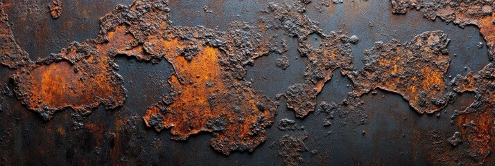 A detailed close-up shot of a rusted metal surface, showcasing the intricate patterns and textures of corrosion. The image evokes themes of time, decay, and the natural forces of weathering. It can be