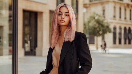 Obraz premium Adult Latino Woman with Pink Straight Hair creative poster.